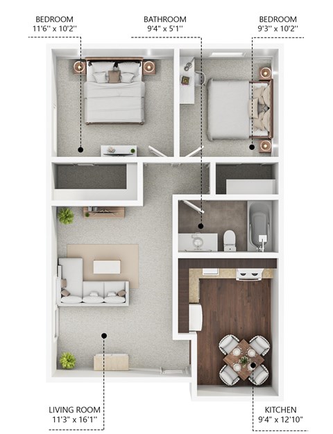 Floor plan for 2 beds, 1 bath, 800 sqft